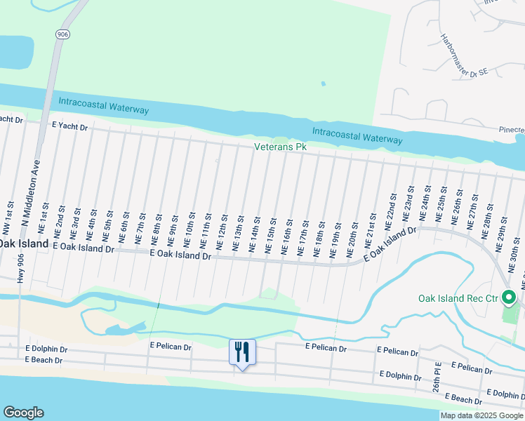 map of restaurants, bars, coffee shops, grocery stores, and more near 128 Northeast 14th Street in Oak Island