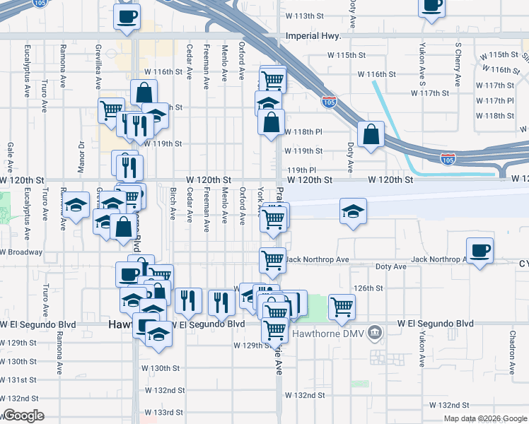 map of restaurants, bars, coffee shops, grocery stores, and more near 4041 West 122nd Street in Hawthorne