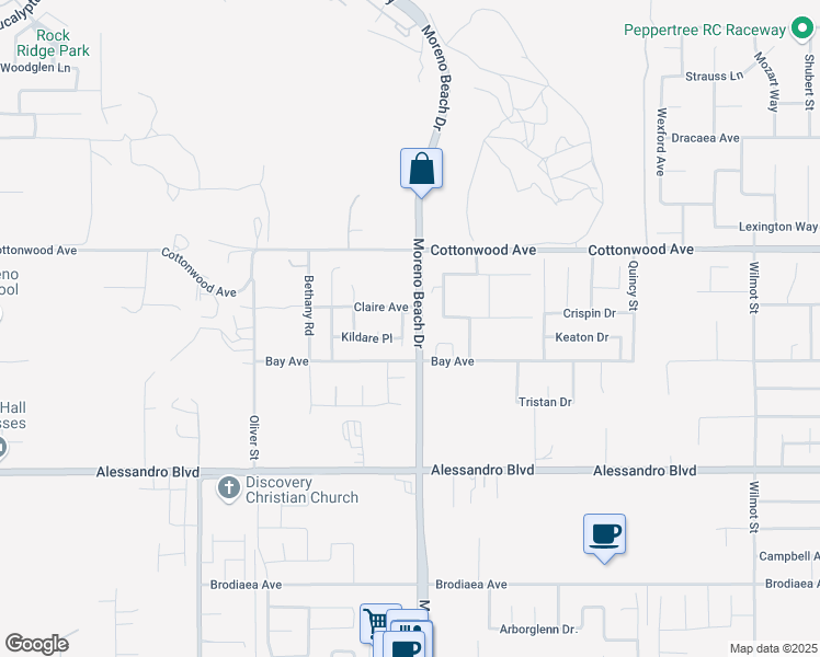 map of restaurants, bars, coffee shops, grocery stores, and more near 13634 Shannon Street in Moreno Valley