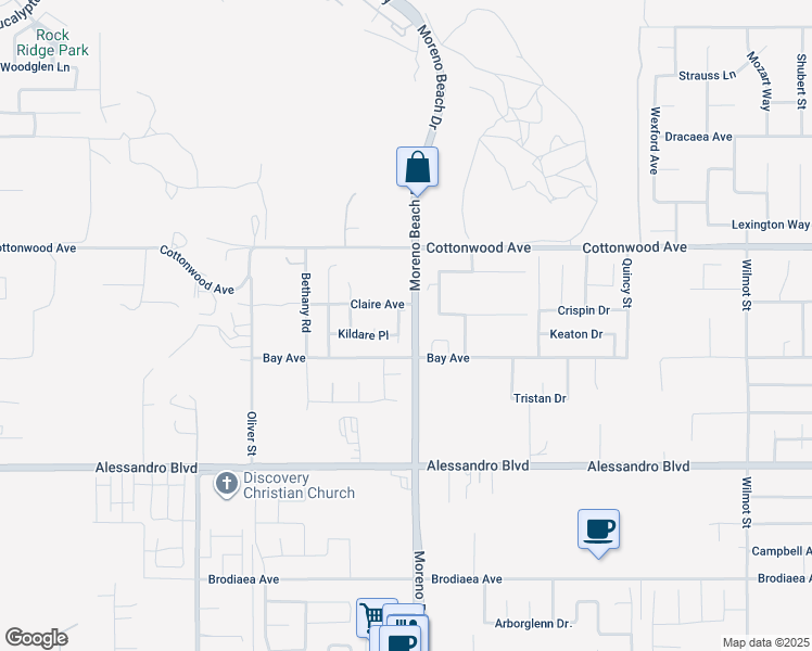 map of restaurants, bars, coffee shops, grocery stores, and more near 13634 Shannon Street in Moreno Valley