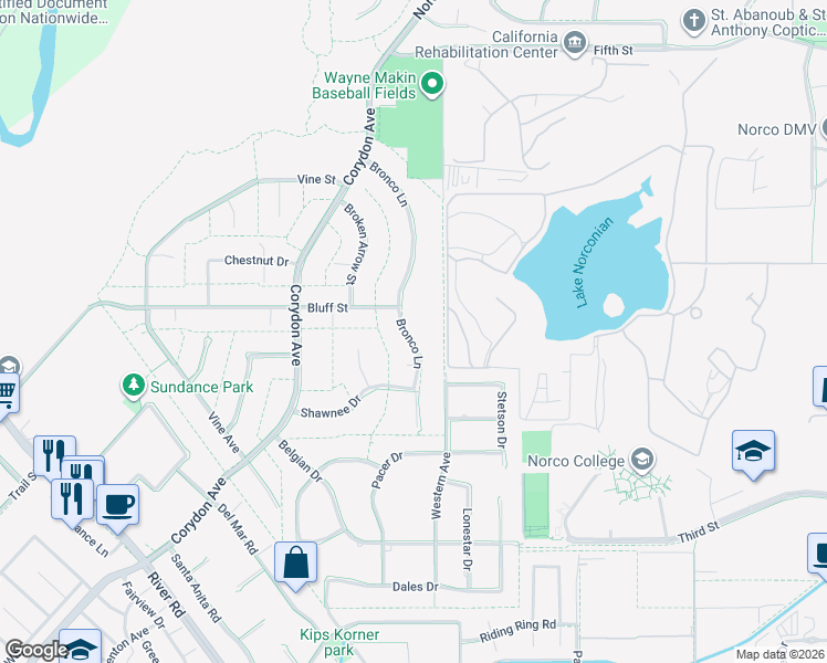 map of restaurants, bars, coffee shops, grocery stores, and more near 2737 Bronco Lane in Norco