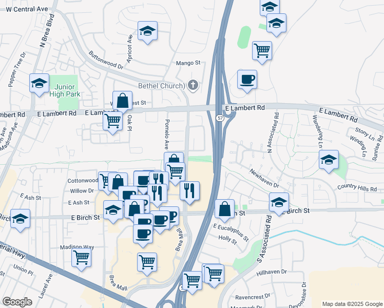 map of restaurants, bars, coffee shops, grocery stores, and more near 916 Avocado Street in Brea