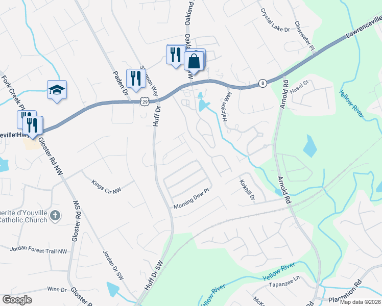 map of restaurants, bars, coffee shops, grocery stores, and more near 2170 Trelipe Drive in Lawrenceville
