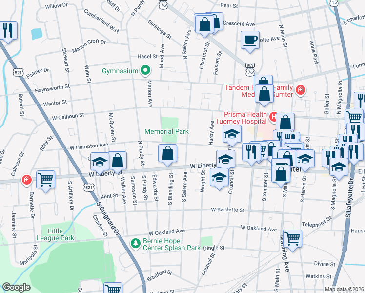 map of restaurants, bars, coffee shops, grocery stores, and more near 401 West Hampton Avenue in Sumter