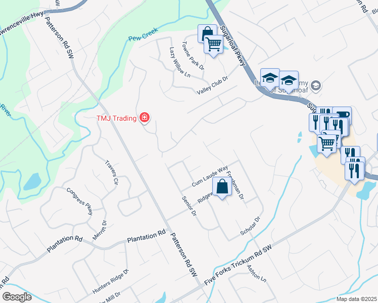 map of restaurants, bars, coffee shops, grocery stores, and more near 1661 Junior Trail in Lawrenceville