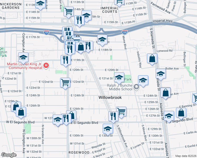 map of restaurants, bars, coffee shops, grocery stores, and more near 12120 South Willowbrook Avenue in Compton
