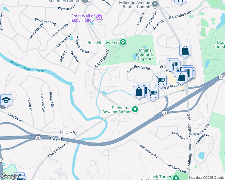 map of restaurants, bars, coffee shops, grocery stores, and more near 190 Eaglewood Way in Athens