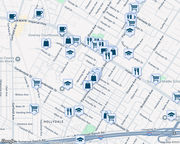 map of restaurants, bars, coffee shops, grocery stores, and more near 7929 Adoree Street in Downey