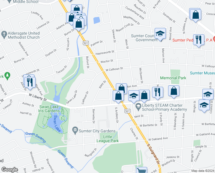 map of restaurants, bars, coffee shops, grocery stores, and more near 707 West Hampton Avenue in Sumter