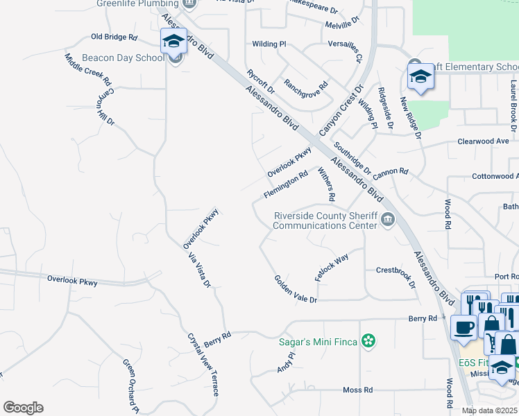 map of restaurants, bars, coffee shops, grocery stores, and more near 6969 Randwick Road in Riverside
