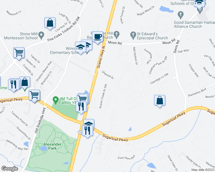 map of restaurants, bars, coffee shops, grocery stores, and more near 652 Scenic Creek Drive Southwest in Lawrenceville