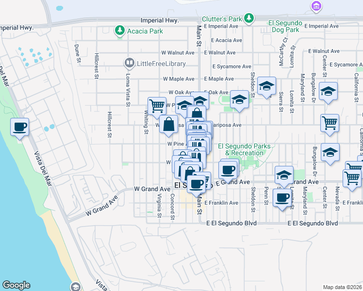 map of restaurants, bars, coffee shops, grocery stores, and more near 212 West Pine Avenue in El Segundo