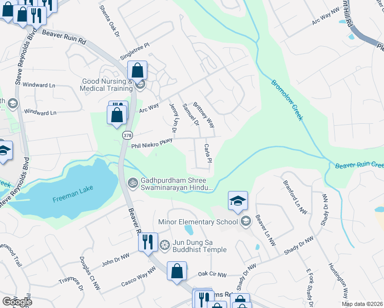 map of restaurants, bars, coffee shops, grocery stores, and more near 4179 Jeanette Court in Norcross