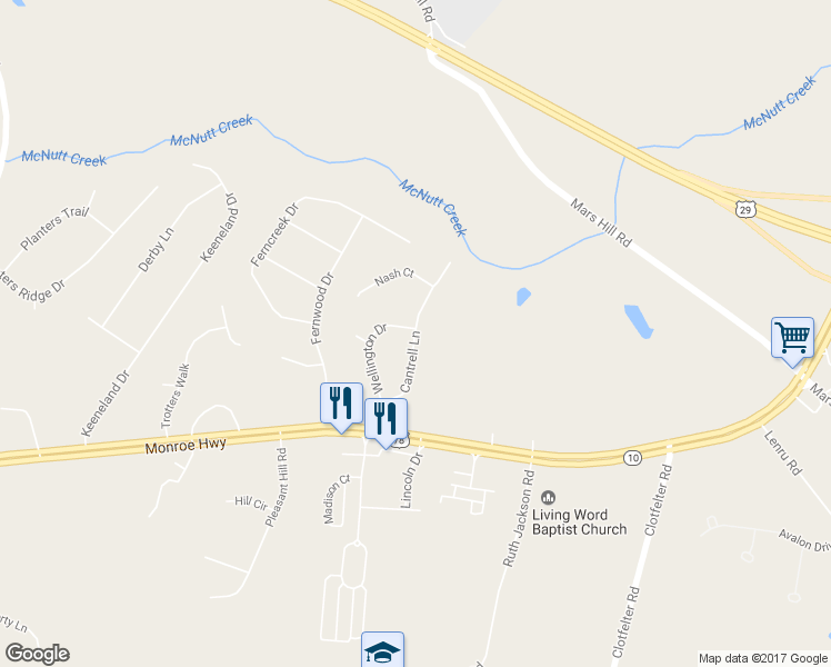 map of restaurants, bars, coffee shops, grocery stores, and more near 2022 Cantrell Lane in Watkinsville