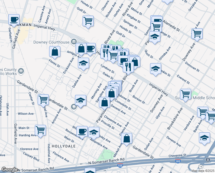 map of restaurants, bars, coffee shops, grocery stores, and more near 7929 Adoree Street in Downey