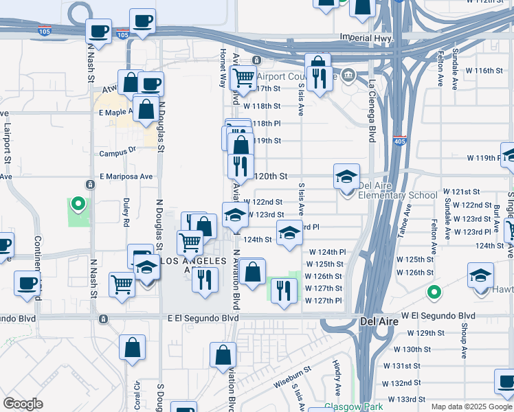 map of restaurants, bars, coffee shops, grocery stores, and more near 5524 West 122nd Street in Hawthorne
