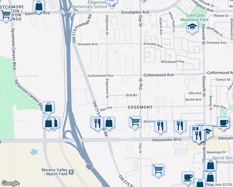 map of restaurants, bars, coffee shops, grocery stores, and more near 21824 Brill Road in Moreno Valley