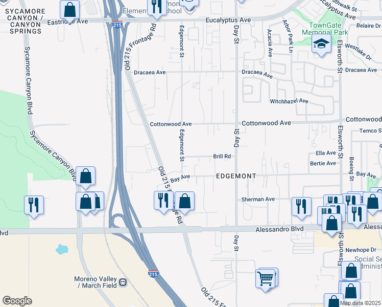 map of restaurants, bars, coffee shops, grocery stores, and more near 21824 Brill Road in Moreno Valley
