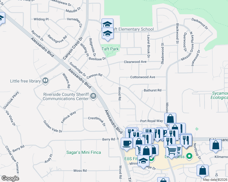 map of restaurants, bars, coffee shops, grocery stores, and more near 7061 Wood Road in Riverside