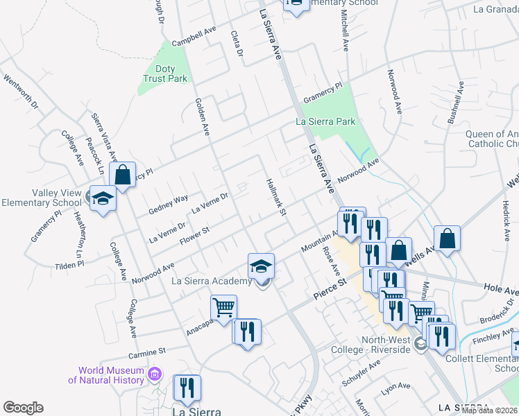 map of restaurants, bars, coffee shops, grocery stores, and more near 11230 Kern Place in Riverside