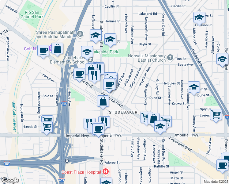 map of restaurants, bars, coffee shops, grocery stores, and more near 11005 Firestone Boulevard in Norwalk