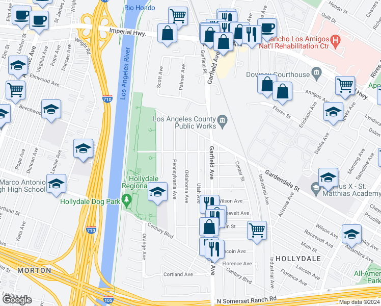 map of restaurants, bars, coffee shops, grocery stores, and more near 11353 Oklahoma Avenue in South Gate