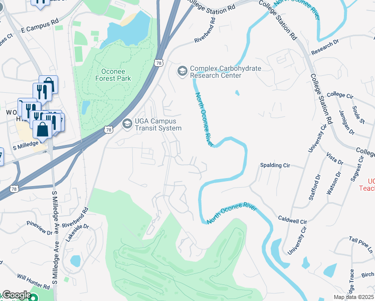 map of restaurants, bars, coffee shops, grocery stores, and more near 425 Riverbend Parkway in Athens