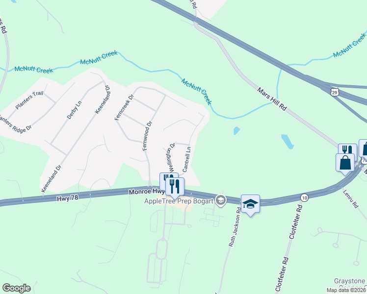map of restaurants, bars, coffee shops, grocery stores, and more near 1140 Wellington Drive in Watkinsville