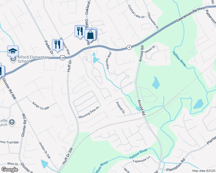 map of restaurants, bars, coffee shops, grocery stores, and more near 160 Oak Green Drive in Lawrenceville
