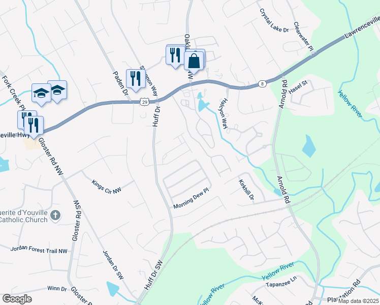 map of restaurants, bars, coffee shops, grocery stores, and more near 2170 Trelipe Drive in Lawrenceville