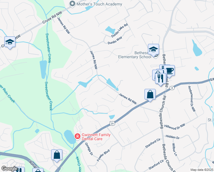 map of restaurants, bars, coffee shops, grocery stores, and more near 3036 Zodiac Court in Gwinnett County