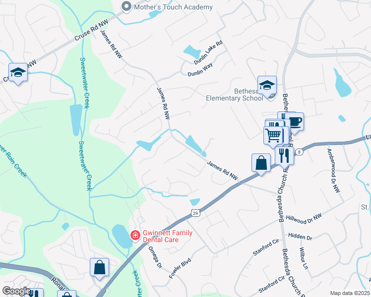 map of restaurants, bars, coffee shops, grocery stores, and more near 3066 Zodiac Court in Gwinnett County