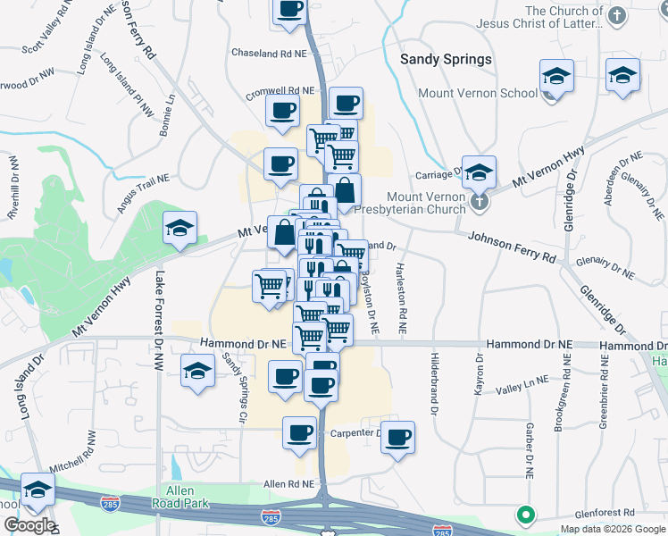 map of restaurants, bars, coffee shops, grocery stores, and more near 263 Hilderbrand Drive in Atlanta