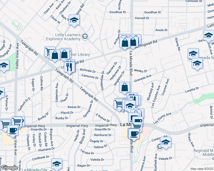 map of restaurants, bars, coffee shops, grocery stores, and more near 11922 Goldendale Drive in La Mirada