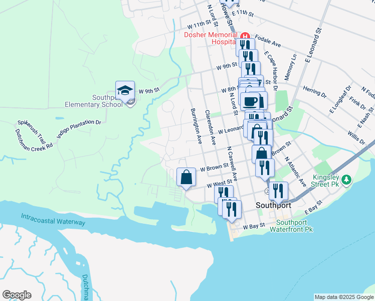 map of restaurants, bars, coffee shops, grocery stores, and more near 514 West Saint George Street in Southport