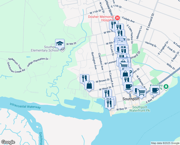 map of restaurants, bars, coffee shops, grocery stores, and more near 514 West Saint George Street in Southport