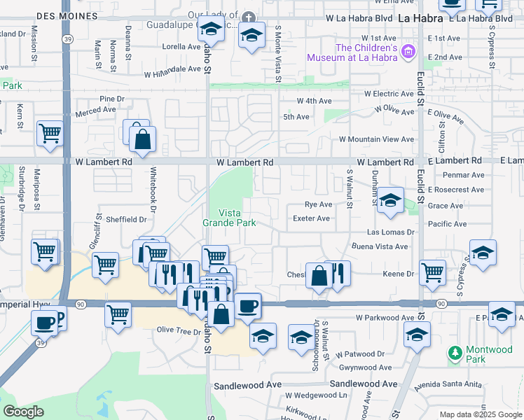 map of restaurants, bars, coffee shops, grocery stores, and more near 815 Las Lomas Drive in La Habra