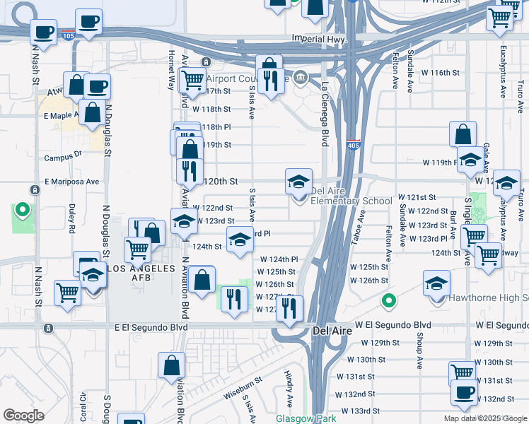 map of restaurants, bars, coffee shops, grocery stores, and more near 5340 West 122nd Street in Hawthorne