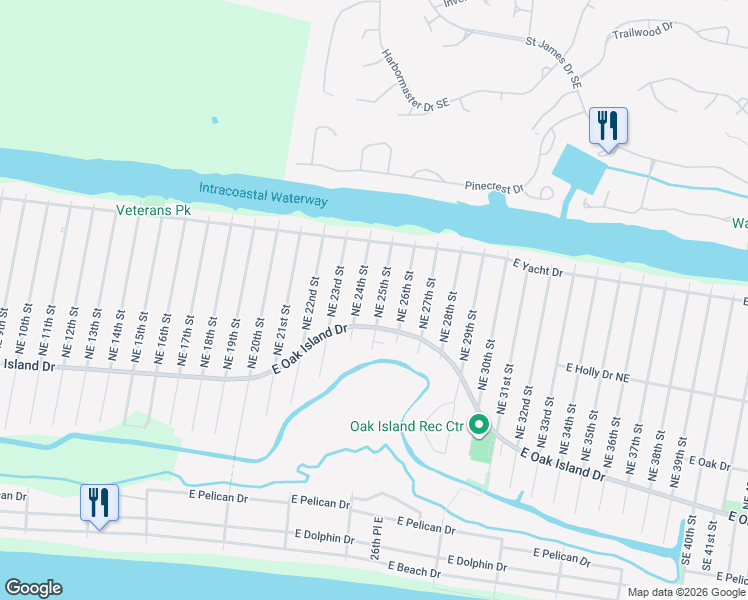 map of restaurants, bars, coffee shops, grocery stores, and more near 116 Northeast 25th Street in Oak Island