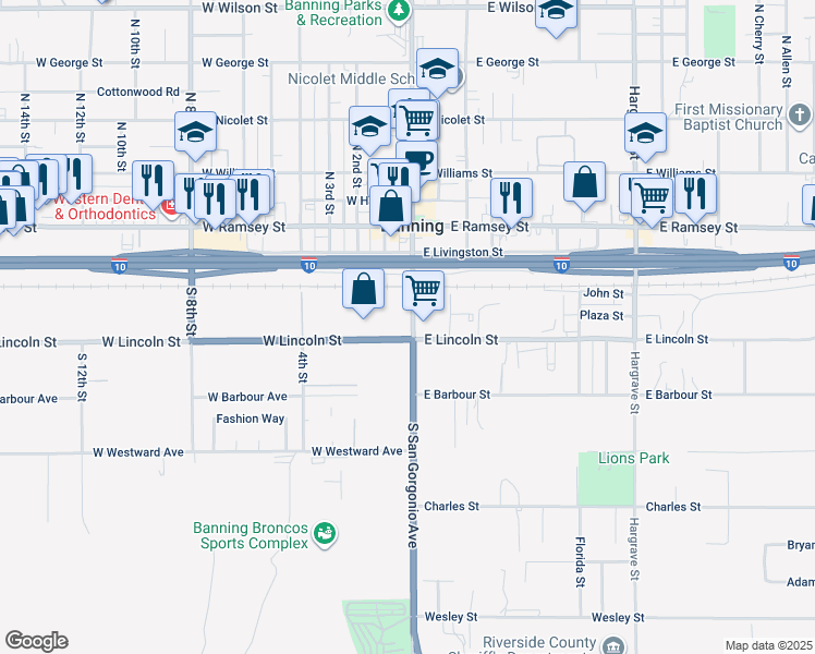 map of restaurants, bars, coffee shops, grocery stores, and more near 1 Banning-Idyllwild Panoramic Highway in Banning
