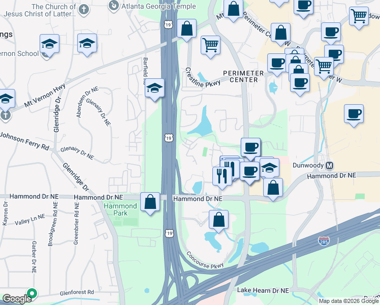 map of restaurants, bars, coffee shops, grocery stores, and more near 16 Dunwoody Springs Drive in Atlanta