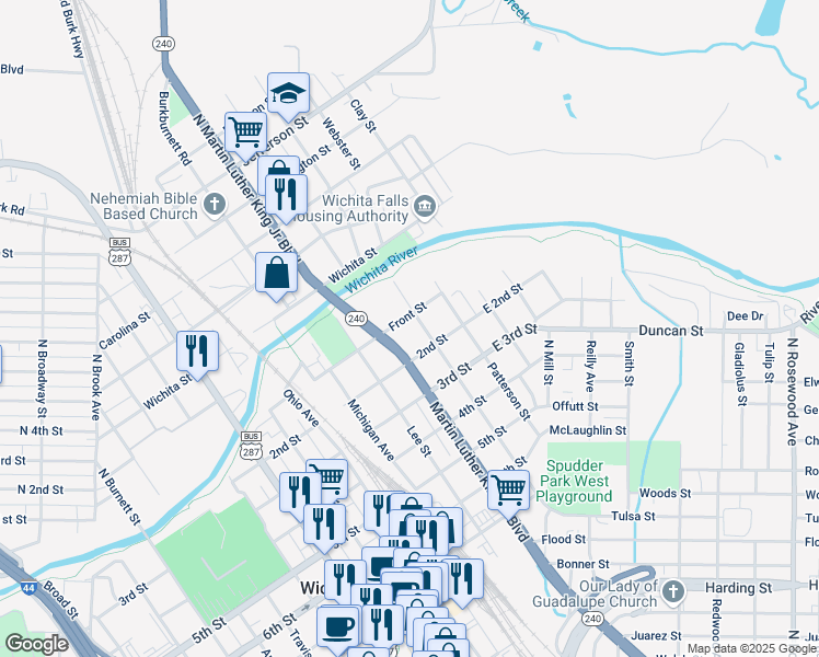 map of restaurants, bars, coffee shops, grocery stores, and more near 203 Front Street in Wichita Falls