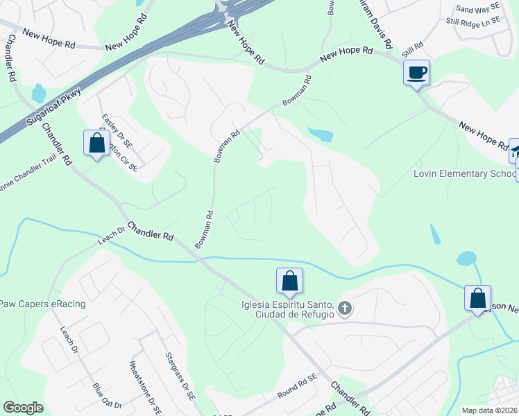 map of restaurants, bars, coffee shops, grocery stores, and more near 1498 Bowman Road in Lawrenceville