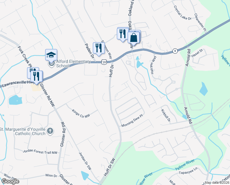 map of restaurants, bars, coffee shops, grocery stores, and more near 252 Quay Drive in Lawrenceville