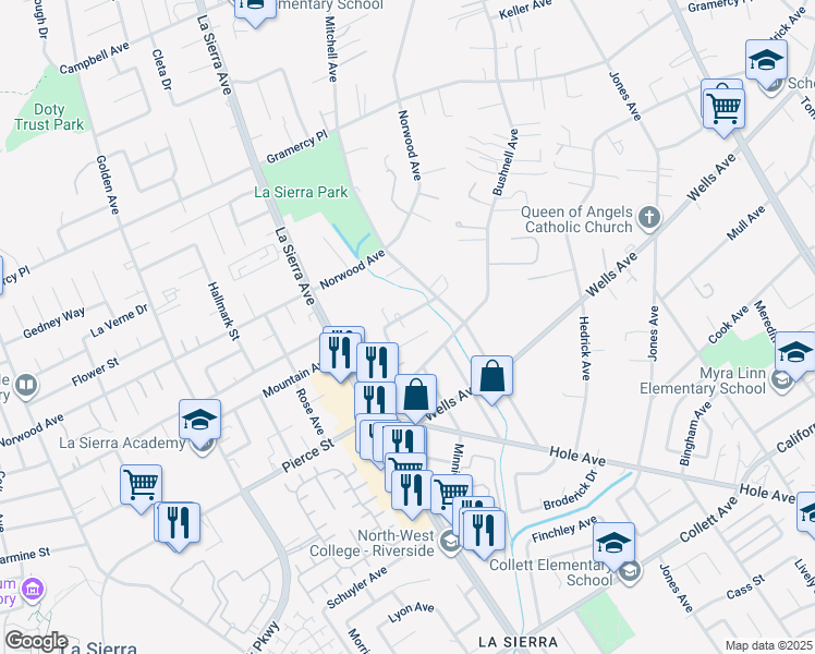 map of restaurants, bars, coffee shops, grocery stores, and more near 10920 Sunnyslope Avenue in Riverside