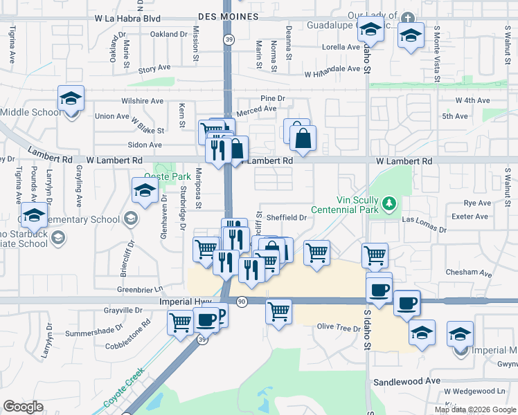 map of restaurants, bars, coffee shops, grocery stores, and more near 861 Glencliff Street in La Habra