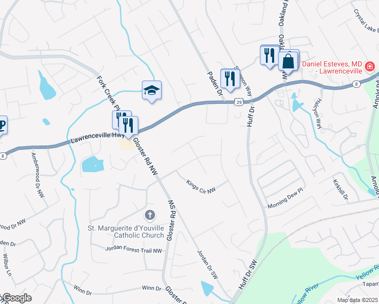 map of restaurants, bars, coffee shops, grocery stores, and more near 199 Kings Court Northwest in Lawrenceville