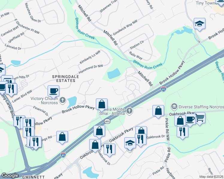 map of restaurants, bars, coffee shops, grocery stores, and more near 5740 Hollow Ridge Lane in Norcross