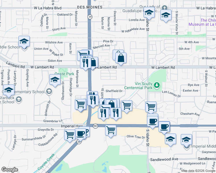 map of restaurants, bars, coffee shops, grocery stores, and more near 1650 Elmsford Avenue in La Habra