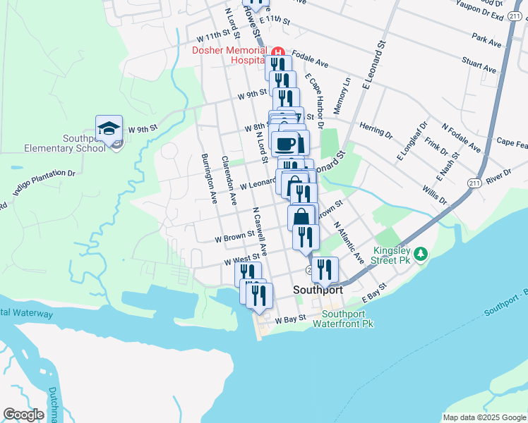 map of restaurants, bars, coffee shops, grocery stores, and more near 209 West George Street in Southport